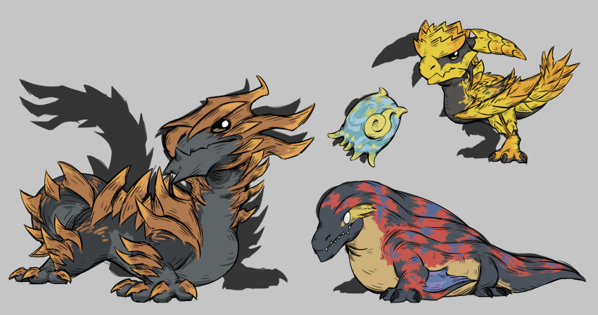absurdres arm_fins baby bird blank_eyes chick claws closed_mouth digitigrade dragon grey_background highres horns jin_dahaad miqo_te monster monster_hunter_(series) monster_hunter_wilds no_humans nu_yaya octopus rey_dau scales sharp_teeth tail teeth uth_duna wyvern yellow_eyes yellow_scales