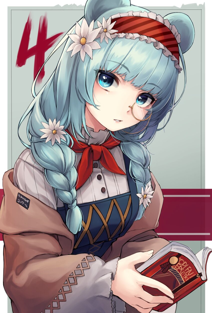 1girl absurdres animal_ears arknights bear_ears bear_girl blue_dress blue_eyes blue_hair blunt_bangs book braid breasts brown_shawl collar dress expressionless flower frilled_collar frilled_hairband frills hair_flower hair_ornament hairband highres holding holding_book istina_(arknights) istina_(bibliosmia)_(arknights) long_hair looking_at_viewer low_twin_braids medium_breasts monocle nameko_houshi neckerchief official_alternate_costume open_book parted_lips red_hairband red_neckerchief ribbed_shirt sarafan shawl shirt shirt_under_dress solo striped_clothes striped_hairband twin_braids upper_body white_flower white_shirt