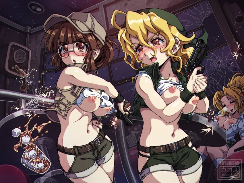 1990s_(style) 3girls aikawa_rumi artist_name bandana bare_hips bare_shoulders belt blonde_hair blush breasts brown_belt brown_eyes brown_hair brown_hat brown_jacket clothes_lift collarbone confused cowboy_shot cropped_jacket cropped_shirt drunk eyebrows eyelashes female_focus fio_germi glasses green_bandana green_jacket green_shorts gun handgun hands_up hat hip_vent holding holding_gun holding_weapon indoors jacket karosu_maker kasamoto_eri looking_afar matching_hair/eyes medium_breasts medium_hair metal_slug multiple_girls navel night night_sky nipples no_bra nose_blush open_clothes open_jacket open_mouth own_hands_together ponytail retro_artstyle shirt shirt_lift short_ponytail shorts sky sleeping sleeveless sleeveless_jacket sleeveless_shirt snk standing watermark wavy_hair weapon white_shirt window