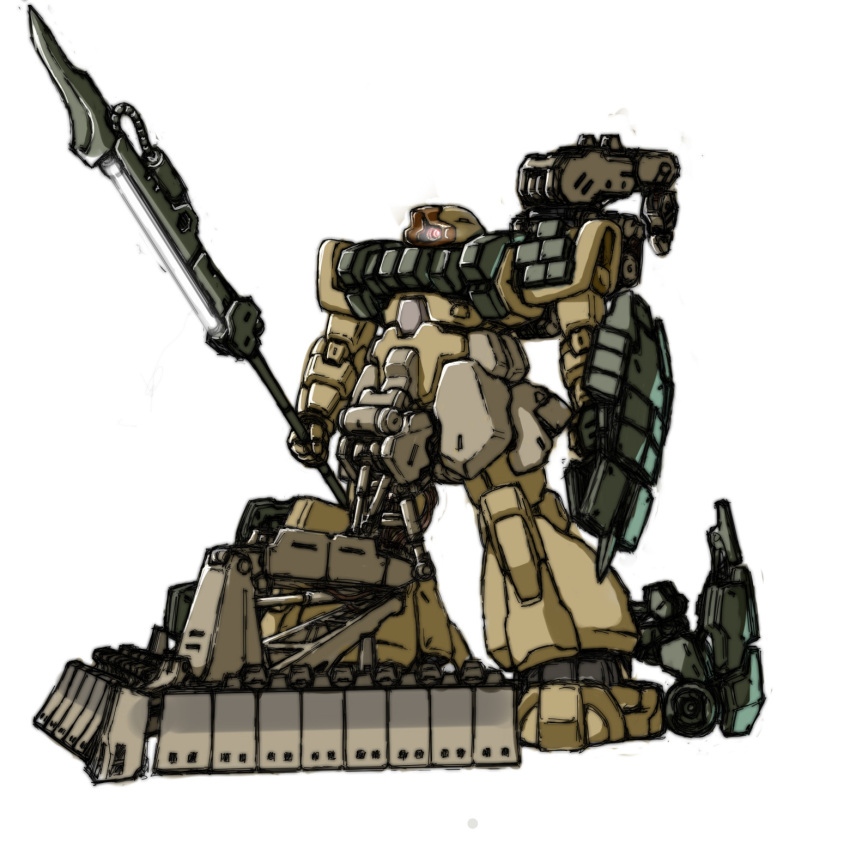 arm_blade bulldozer cable camouflage concept_art crane_(machine) desert_camouflage dom_(mobile_suit) dom_minesweeper dom_tropen gundam highres labombardier! mecha mecha_focus mobile_suit mobile_suit_gundam one-eyed original piston plow reactive_armor redesign robot science_fiction shield sketch weapon white_background