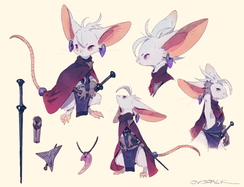 animal animal_focus arm_up clasp cloak clothed_animal commentary earrings expressionless full_body gloves grey_gloves hand_on_own_head highres jewelry mouse_(animal) multicolored_eyes multiple_views murayama_ryota no_humans original pelvic_curtain pendant purple_cloak purple_eyes reference_sheet simple_background slit_pupils standing sword tail tail_ornament tail_ring two-tone_eyes weapon yellow_background yellow_eyes