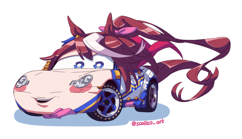 :d animal_ears artist_name ascot blue_eyes blush_stickers bow bright_pupils brown_hair brown_tail car cars_(movie) commentary crossover drop_shadow english_commentary fusion highres horse_ears horse_tail long_hair looking_at_viewer motor_vehicle multicolored_hair objectification open_mouth pink_ascot pink_bow ponytail porsche_911 porsche_996 sally_carrera scalizo simple_background smile solo streaked_hair tail teeth tokai_teio_(umamusume) twitter_username two-tone_hair umamusume upper_teeth_only vehicalization vehicle_focus wheel white_background white_hair white_pupils white_streaks