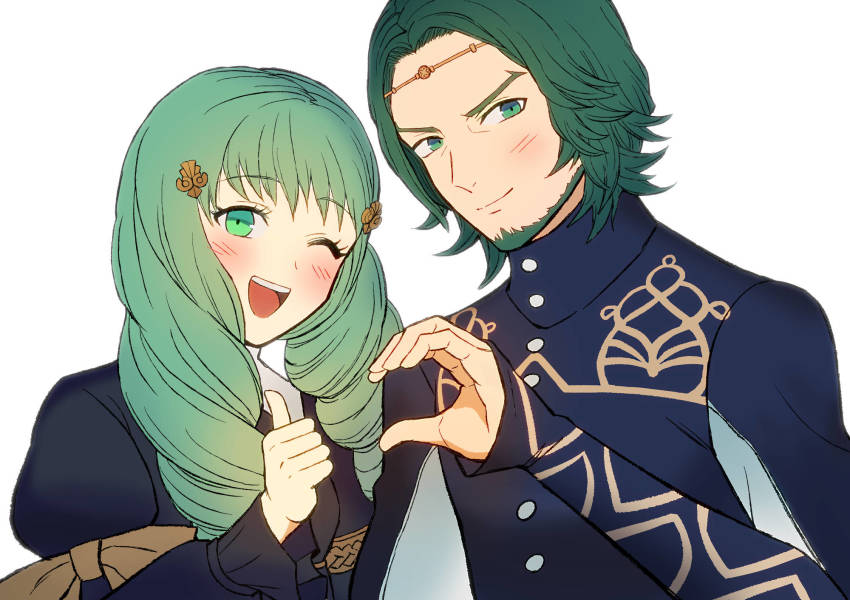 1boy 1girl beard brother_and_sister closed_mouth facial_hair fire_emblem fire_emblem:_three_houses flayn_(fire_emblem) garreg_mach_monastery_uniform green_eyes green_facial_hair green_hair hair_ornament highres kusodekablack long_hair long_sleeves nintendo one_eye_closed open_mouth seteth_(fire_emblem) short_hair siblings simple_background smile upper_body white_background