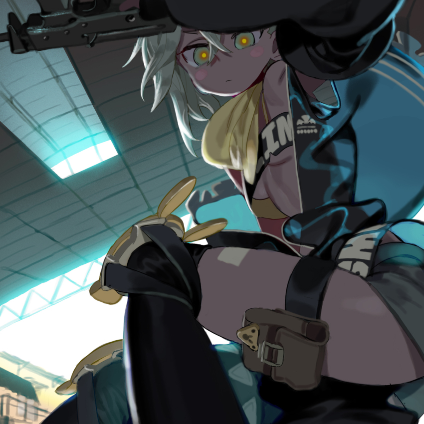 1girl :/ asymmetrical_legwear bandana bandana_around_neck bandeau black_bandeau black_sleeves black_thighhighs bloom blush_stickers bravo233 breasts brown_shorts character_name closed_mouth commentary_request dark-skinned_female dark_skin detached_sleeves girls&#039;_frontline green_eyes grey_hair gun hair_between_eyes highres holding holding_gun holding_weapon indoors jacket klin_(girls&#039;_frontline) knee_pads looking_at_viewer open_clothes open_jacket over-kneehighs ponytail pouch pp-91_kedr see-through_clothes see-through_jacket shorts single_over-kneehigh single_thighhigh sleeveless sleeveless_jacket small_breasts solo submachine_gun thigh_pouch thighhighs underboob uneven_legwear weapon yellow_bandana yellow_pupils
