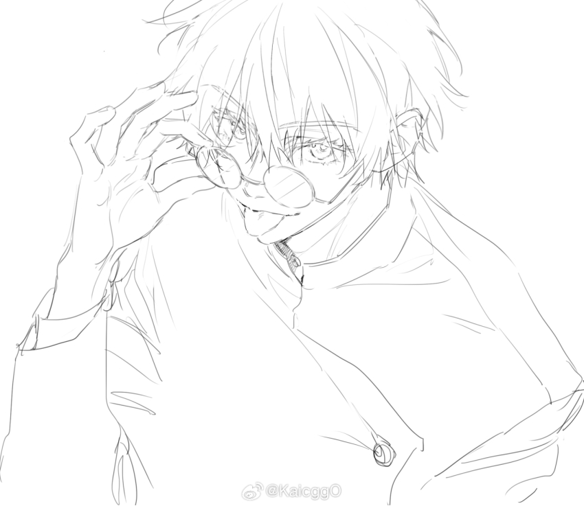 1boy :p adjusting_eyewear artist_name commentary from_above gojou_satoru greyscale hand_on_eyewear highres jujutsu_kaisen jujutsu_tech_uniform kaicggo lineart long_sleeves looking_at_viewer looking_over_eyewear male_focus monochrome popped_collar portrait round_eyewear short_hair simple_background solo symbol-only_commentary tongue tongue_out very_short_hair watermark weibo_watermark white_background