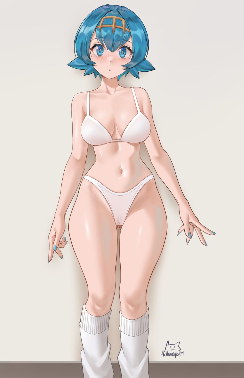 1girl absurdres achromaru aged_up blue_eyes blue_hair blue_nails blush bra breasts cleavage collarbone hairband highres lana_(pokemon) looking_at_viewer medium_breasts navel nintendo open_mouth panties pokemon pokemon_sm short_hair socks standing underwear white_bra white_panties white_socks wide_hips