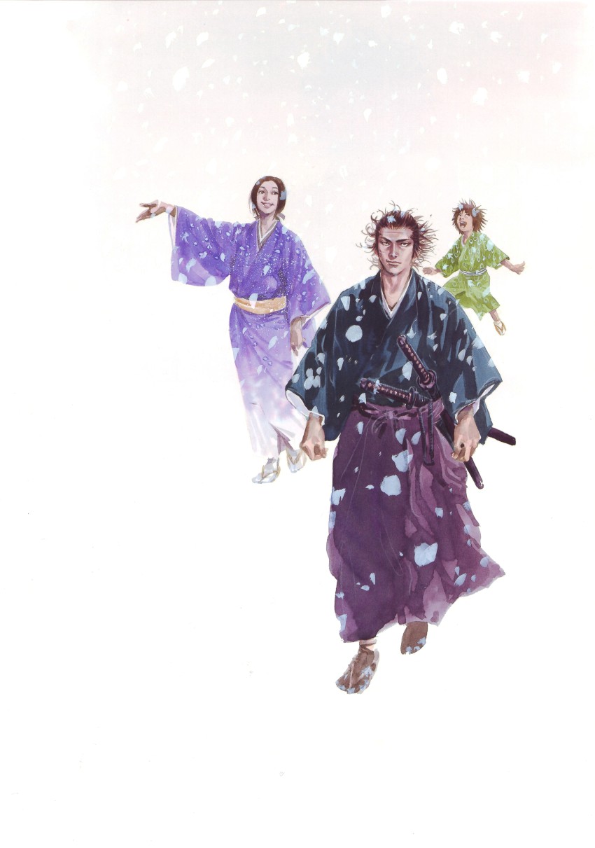 absurdres arm_up black_eyes black_hair closed_eyes highres inoue_takehiko japanese_clothes joutarou katana kimono long_hair looking_at_viewer miyamoto_musashi obi open_mouth otsuu ribbon sabre sandals sash short_hair simple_background smile smirk snow snowing spiked_hair sword teeth vagabond wakizashi walking weapon