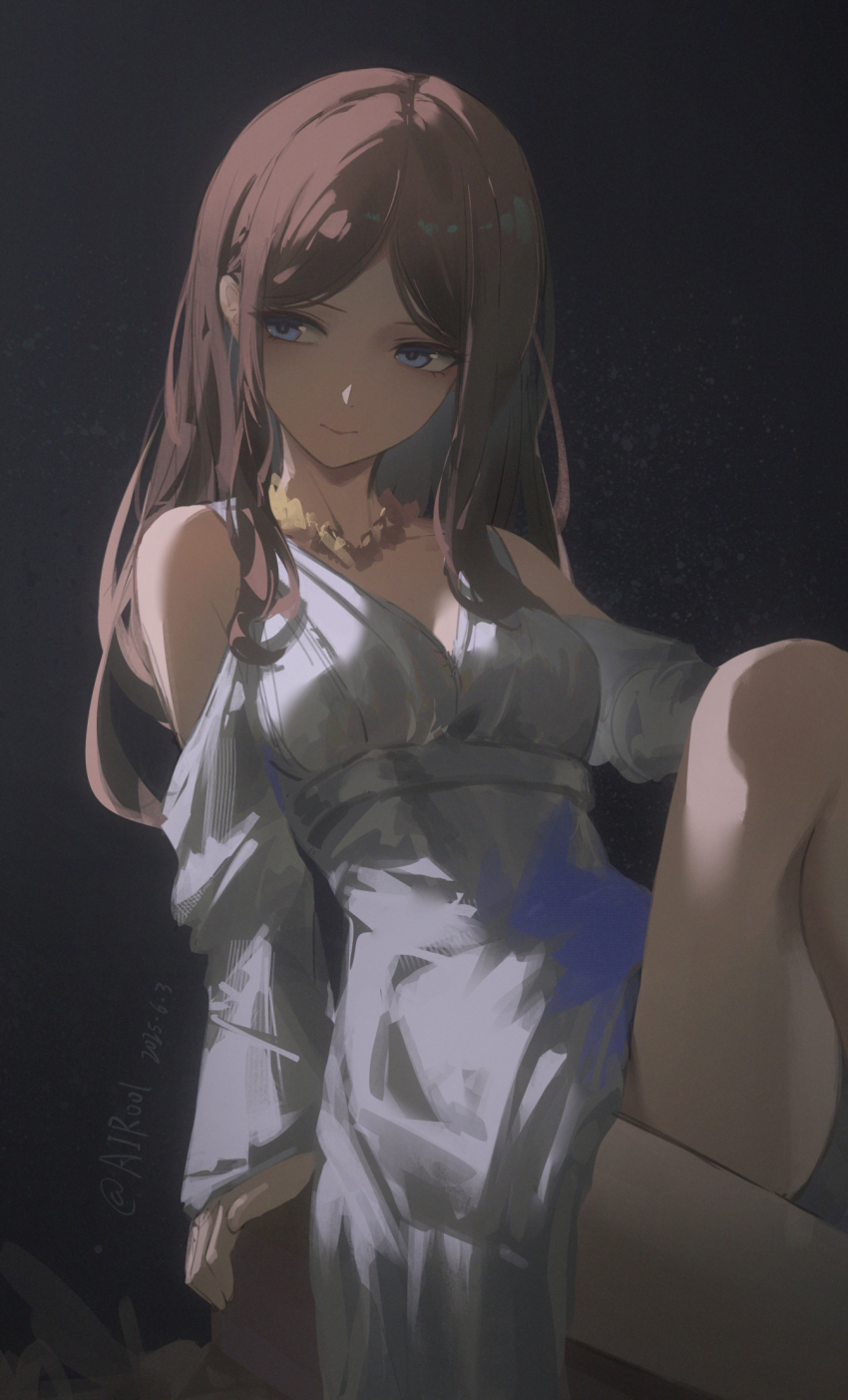 1girl airool arm_support bang_dream! bang_dream!_it&#039;s_mygo!!!!! blue_eyes brown_hair chinese_commentary cleavage_cutout clothing_cutout commentary_request cowboy_shot dark_background dress grey_dress hand_rest highres jewelry knee_up leaning_back light_smile long_hair long_sidelocks long_sleeves looking_to_the_side nagasaki_soyo necklace parted_bangs shoulder_cutout sidelighting sidelocks sideways_glance sleeves_past_wrists solo