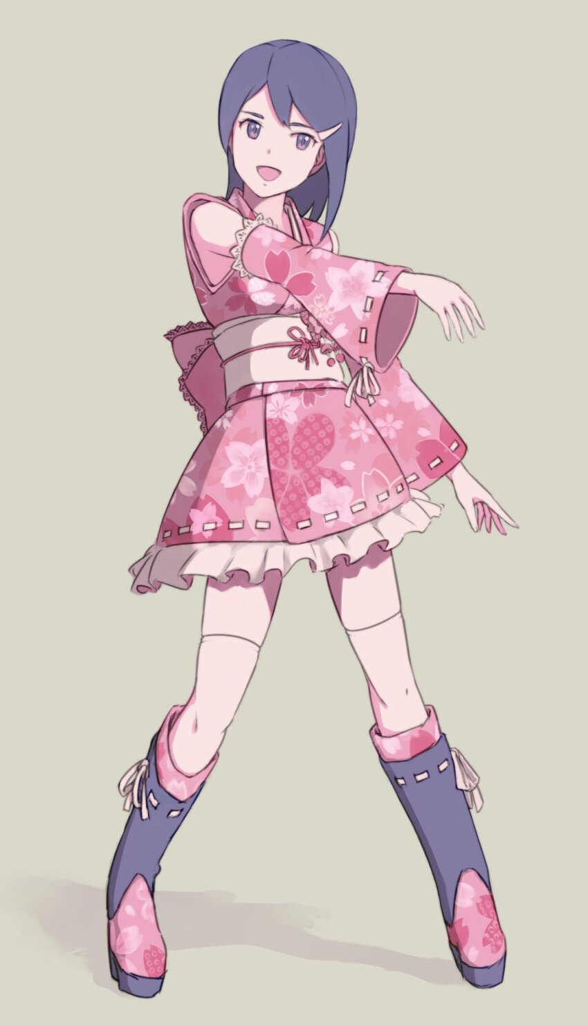 1girl bare_shoulders blue_eyes blue_hair boots bow breasts cherry_blossom_print detached_sleeves dot_nose dress_bow floral_print frilled_kimono frills full_body hair_ornament hairclip hand_up highres idolmaster idolmaster_dearly_stars japanese_clothes kimono kimono_skirt knee_boots konekone light_brown_background long_sleeves medium_breasts mizutani_eri multicolored_boots obi obijime open_mouth pink_bow pink_kimono pink_sleeves print_kimono ribbon-trimmed_footwear ribbon-trimmed_kimono ribbon-trimmed_sleeves ribbon_trim sash short_hair simple_background sleeveless sleeveless_kimono smile solo standing thighhighs two-tone_boots white_thighhighs wide_sleeves zettai_ryouiki