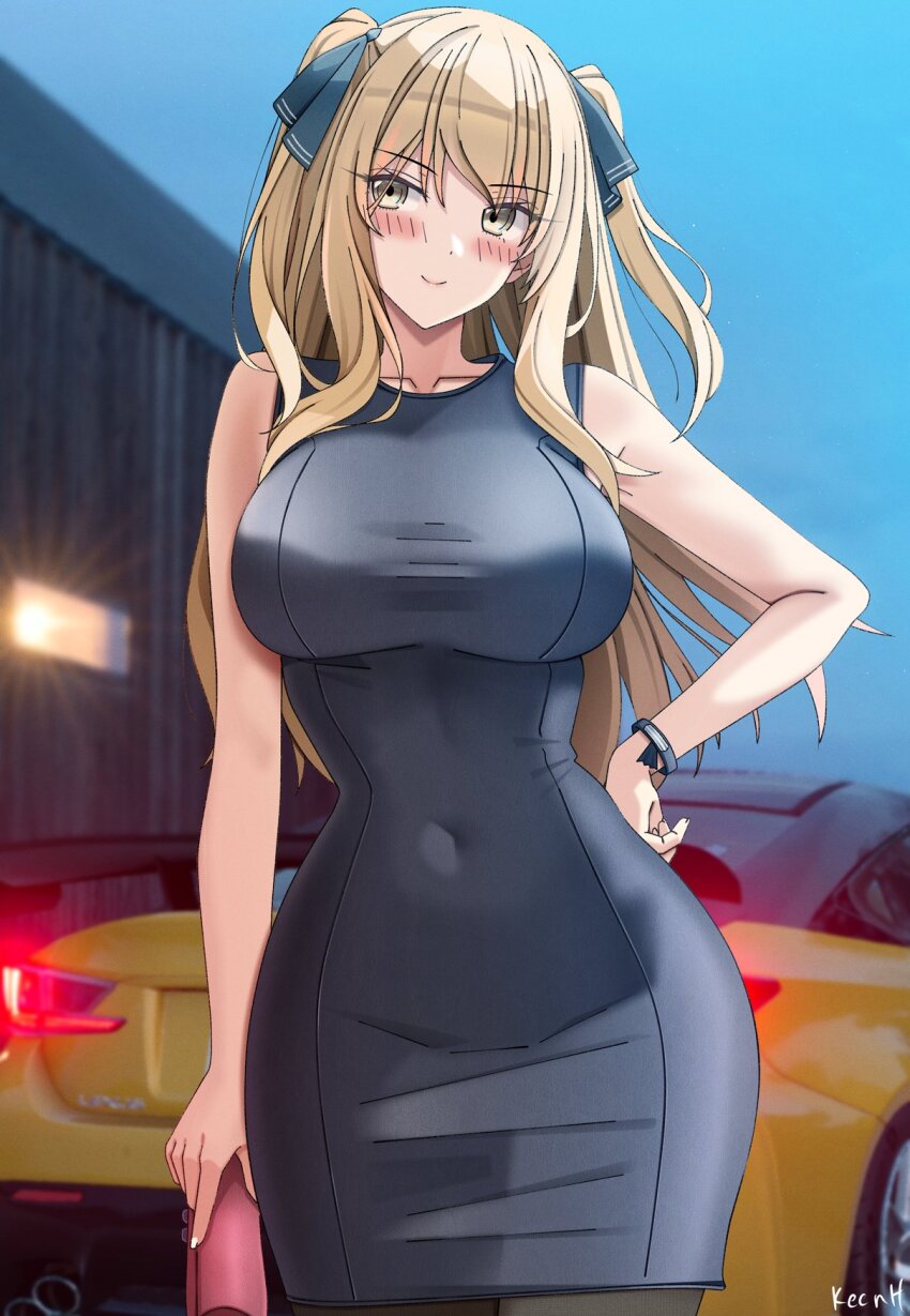 1girl ao_no_kanata_no_four_rhythm artist_name bare_arms black_dress black_ribbon blonde_hair blush breasts car collarbone covered_navel dress hair_ribbon highres keenh large_breasts leather leather_dress lexus lexus_rc_f long_hair looking_at_viewer motor_vehicle pantyhose ribbon satouin_reiko short_dress sleeveless smile solo two_side_up yellow_car yellow_eyes