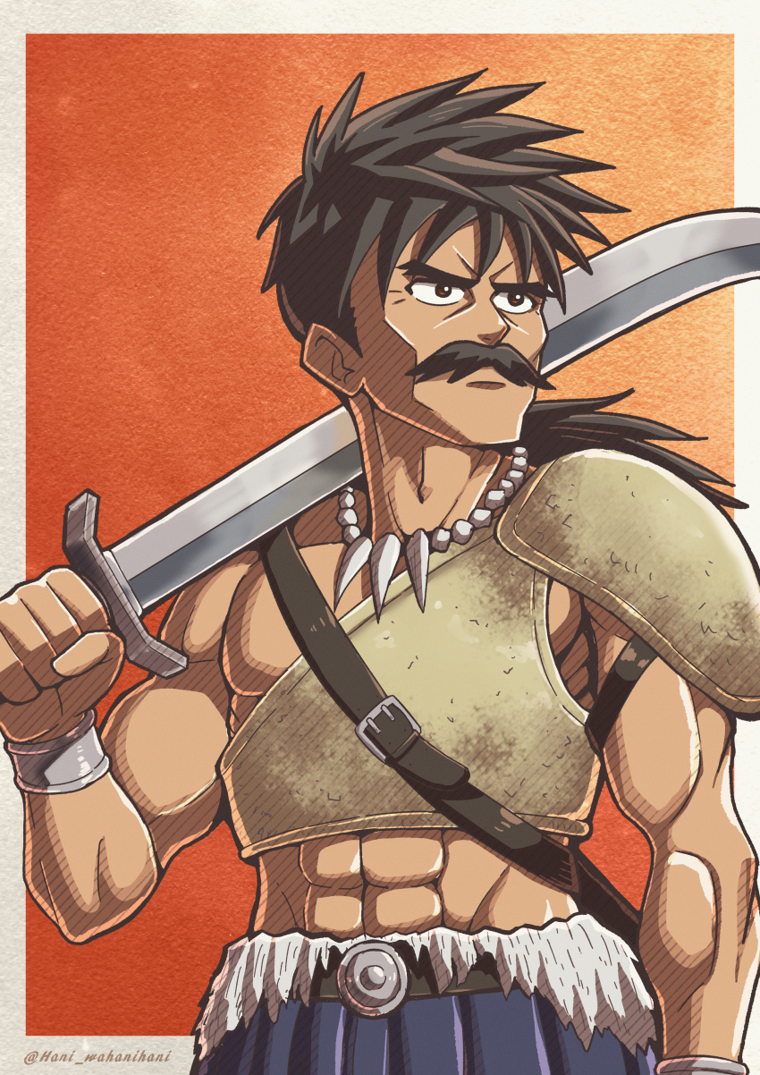 1boy abs absurdres armor belt black_facial_hair black_hair border bracelet brown_eyes cheekbones commentary_request dragon_quest dragon_quest_v facial_hair fushicho highres holding holding_sword holding_weapon jewelry looking_to_the_side male_focus mature_male muscular muscular_male mustache necklace orange_background papas partial_commentary pauldrons shoulder_armor single_pauldron solo spiked_hair sword tan tooth_necklace upper_body weapon white_border wrinkled_skin