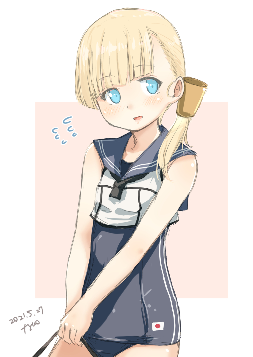 1girl absurdres artist_logo black_neckerchief black_one-piece_swimsuit black_sailor_collar blonde_hair blue_eyes blunt_bangs cosplay cowboy_shot crop_top dated flying_sweatdrops fyuo hair_ornament hair_over_shoulder highres kantai_collection logo long_hair looking_at_viewer neckerchief one-hour_drawing_challenge one-piece_swimsuit ro-500_(kancolle) ro-500_(kancolle)_(cosplay) sailor_collar shin&#039;you_(kancolle) solo swimsuit swimsuit_under_clothes
