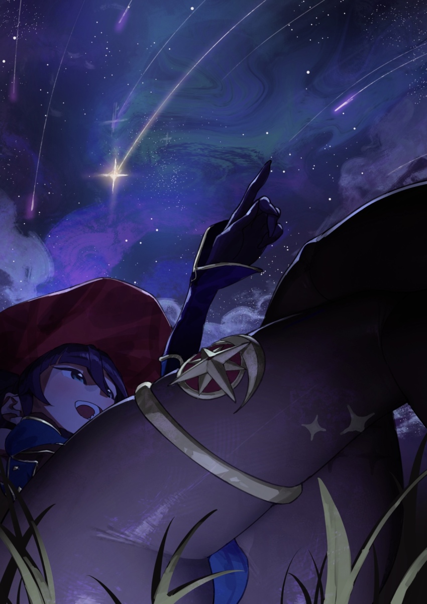 1girl ass black_gloves black_pantyhose blue_eyes blue_leotard cloud genshin_impact gloves hat highres jewelry kuriki_art leotard mona_(genshin_impact) night night_sky open_mouth pantyhose pointing pointing_up shooting_star sky smile solo sparkle_print star_(sky) star_(symbol) starry_sky thighlet thighs witch_hat
