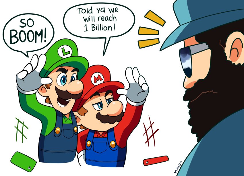 3boys arms_up artist_name beard black_hair blue_eyes blue_hat blue_overalls blue_shirt domestic_maid dropped_object eye_contact facial_hair foreman_spike glasses gloves green_hat green_shirt hat highres long_sleeves looking_at_another luigi mario mario_(series) mature_male multiple_boys mustache nintendo open_mouth overalls phone red_hat red_shirt shirt short_hair speech_bubble the_super_mario_bros._movie white_background white_gloves
