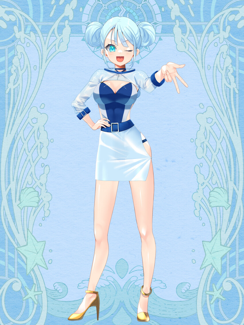 1girl :d belt blue_background blue_eyes blue_hair breasts cleavage cleavage_cutout clothing_cutout dairoku_ryouhei double_bun full_body hair_bun hand_on_own_hip high_heels highres medium_breasts noel_bouillard one_eye_closed open_mouth shoes side_cutout skirt smile solo yellow_shoes yurutw
