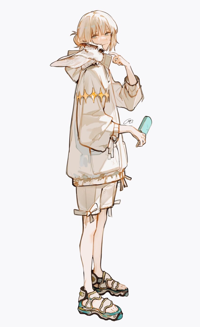 1boy baggy_clothes blanca_(fate) blue_eyes bug closed_mouth commentary_request fate/grand_order fate_(series) food full_body hair_bun highres holding holding_food holding_popsicle hood hood_down hooded_jacket insect insect_on_shoulder jacket long_sleeves male_focus moth oberon_(fate) oberon_(refreshing_summer_prince)_(fate) oversized_insect platform_sandals popsicle sandals short_hair shorts simple_background single_hair_bun smile solo standing two_pokemon white_background white_hair white_jacket white_shorts