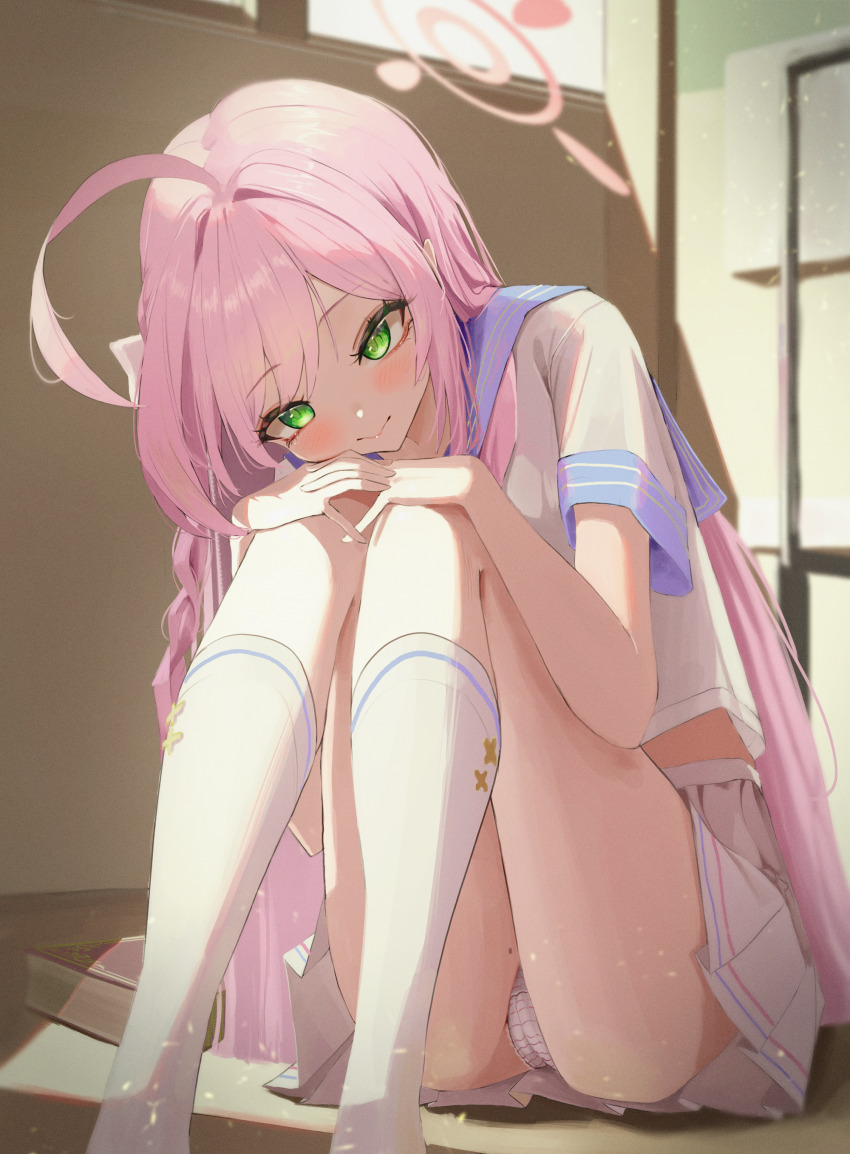 1girl absurdres ahoge banpen blue_archive blue_sailor_collar blush book cameltoe closed_mouth crop_top cropped_shirt crotch_seam feet_out_of_frame green_eyes hair_intakes halo hanako_(blue_archive) head_on_knees highres huge_ahoge hugging_own_legs indoors kneehighs knees_up light_particles long_hair miniskirt mole mole_on_thigh neckerchief no_shoes on_floor panties pantyshot parted_bangs pink_hair pink_halo pink_neckerchief pleated_skirt sailor_collar short_sleeves sidelocks sitting skirt smile socks solo striped_clothes striped_panties underwear upskirt very_long_hair white_panties white_skirt white_socks window