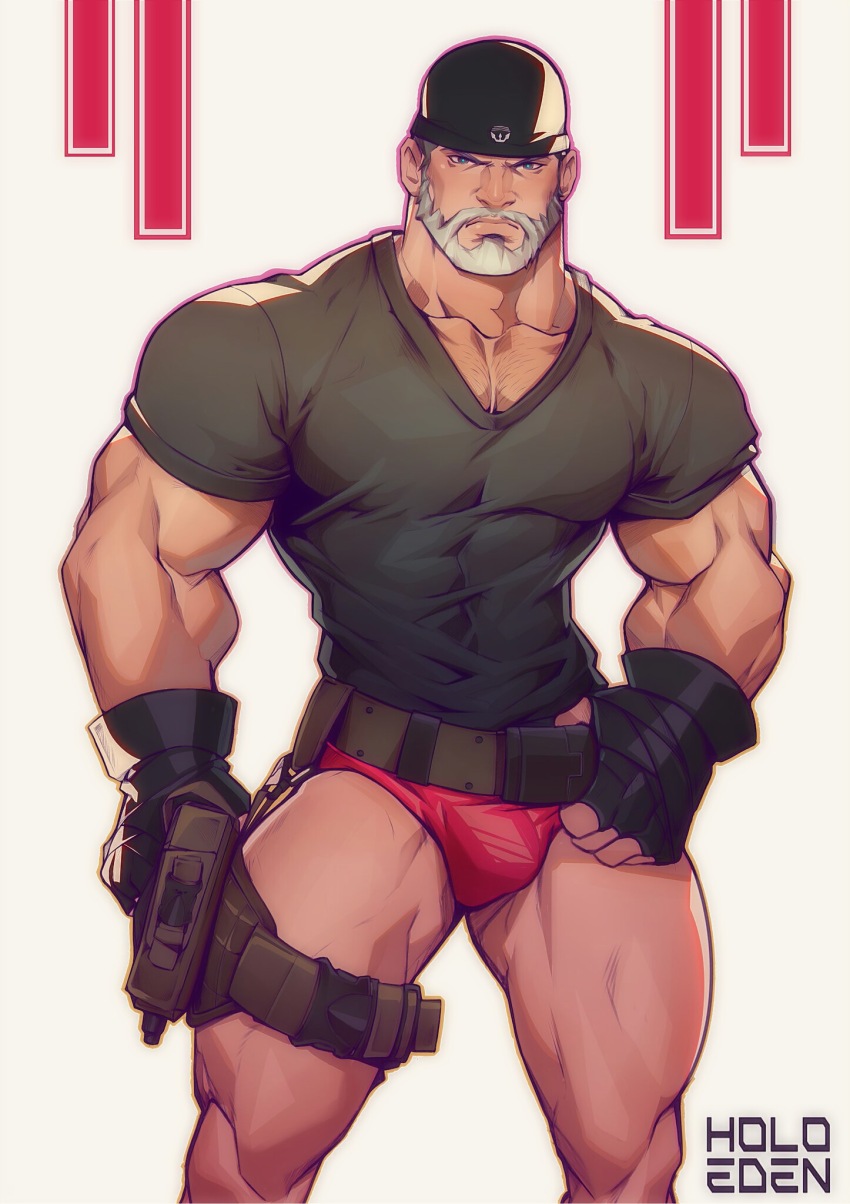 1boy bandana bara beard belt belt_pull blue_eyes briefs bulge connected_beard facial_hair fingerless_gloves gears_of_war gloves green_shirt grey_hair gun highres holding holding_gun holding_weapon holo_eden holster male_underwear marcus_fenix muscular muscular_male old old_man red_male_underwear shirt short_sleeves thigh_holster tight_clothes tight_shirt underwear weapon