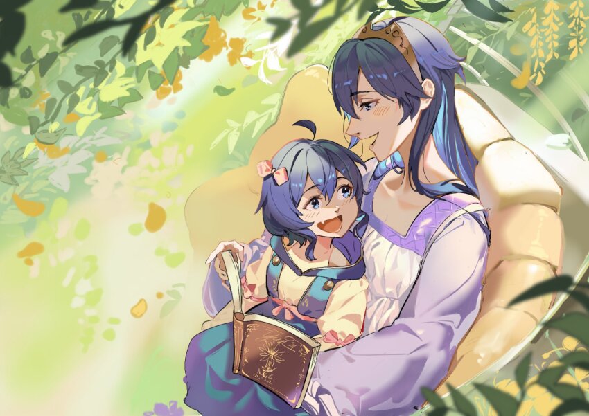 2girls :d aged_down ahoge blue_dress blue_eyes blue_hair book bow chair child dress fang female_morgan_(fire_emblem) fire_emblem fire_emblem_awakening from_above hair_bow highres holding holding_book long_hair long_sleeves looking_at_another lucina_(fire_emblem) mother&#039;s_day mother_and_daughter multiple_girls nintendo on_chair open_book open_mouth pink_bow purple_dress reading shirt short_hair sitting skin_fang smile tiara tongue white_shirt yusi_vishnu