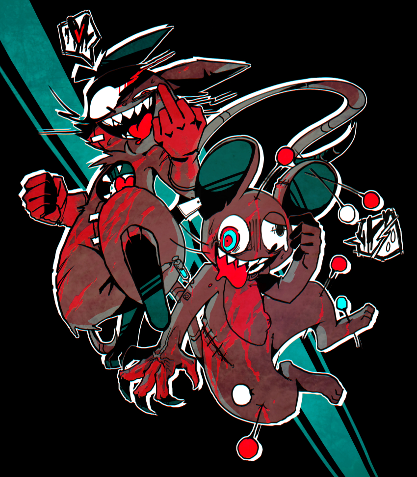 2boys absurdres blood claws crazy_eyes ear_tag fangs heart highres mad_rat mad_rat_dead middle_finger mob_rat_(mad_rat_dead) multiple_boys pincushion ribs skewer stitches syringe