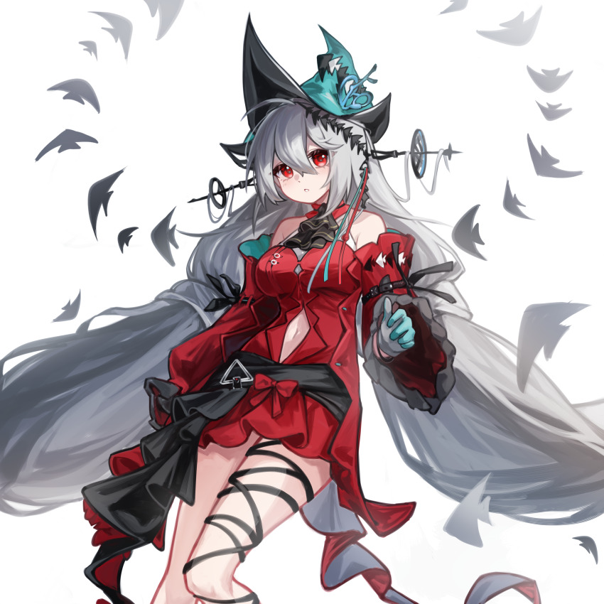 1girl absurdres angelfish aqua_gloves aqua_hat arknights ascot bare_shoulders black_ascot breasts clothing_cutout cowboy_shot detached_sleeves dress fish gloves grey_hair hair_between_eyes hair_ornament hair_ribbon hat highres leg_ribbon long_hair long_sleeves looking_at_viewer medium_breasts navel_cutout official_alternate_costume pixiv_id_109546937 pointy_hat red_dress red_eyes red_sleeves ribbon simple_background skadi_(arknights) skadi_the_corrupting_heart_(arknights) solo standing standing_on_one_leg tropical_fish very_long_hair white_background