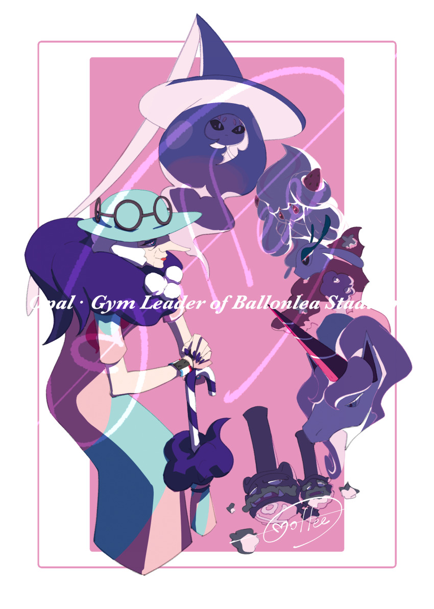 1girl absurdres alcremie border cccacademia character_name commentary_request dress dynamax_band florges galarian_form galarian_rapidash galarian_weezing gen_6_pokemon gen_8_pokemon gloves green_hat hat hatterene highres holding holding_umbrella lipstick long_nose makeup nail_polish nintendo opal_(pokemon) own_hands_together pink_gloves pokemon pokemon_(creature) pokemon_swsh purple_background purple_nails purple_scarf scarf short_hair short_sleeves signature single_glove umbrella white_border white_hair