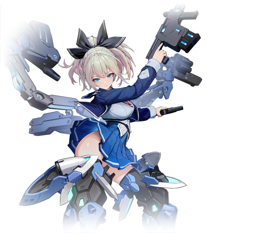 1girl black_bow blonde_hair blue_eyes blue_jacket blue_skirt bow breasts closed_mouth dual_wielding gun hair_bow handgun holding holding_gun holding_weapon jacket kaze_(starward) long_sleeves looking_at_viewer mecha_musume mechanical_wings medium_breasts necktie official_art open_clothes open_jacket pleated_skirt ponytail ribbon school_uniform shirt skirt smile solo starward thighhighs transparent_background trigger_discipline weapon white_background white_shirt wings