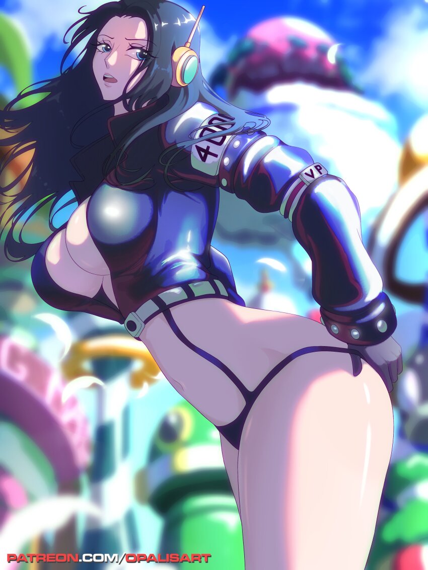 1girl absurdres arm_rest armlet artist_name ass bell_sleeves bikini black_bikini black_border black_gloves black_jacket blue_sky blurry blurry_background border cloud cloudy_sky crop_top cropped_jacket ear_covers from_side gloves hand_on_own_ass highres jacket jewelry long_hair long_sleeves looking_at_viewer looking_to_the_side midriff nico_robin nico_robin_(egghead) one_piece opalis parted_lips patreon_username profile revealing_clothes shiny_skin sideways_glance sideways_mouth signature sky solo standing studded studded_sleeves swimsuit thighhighs wide_hips