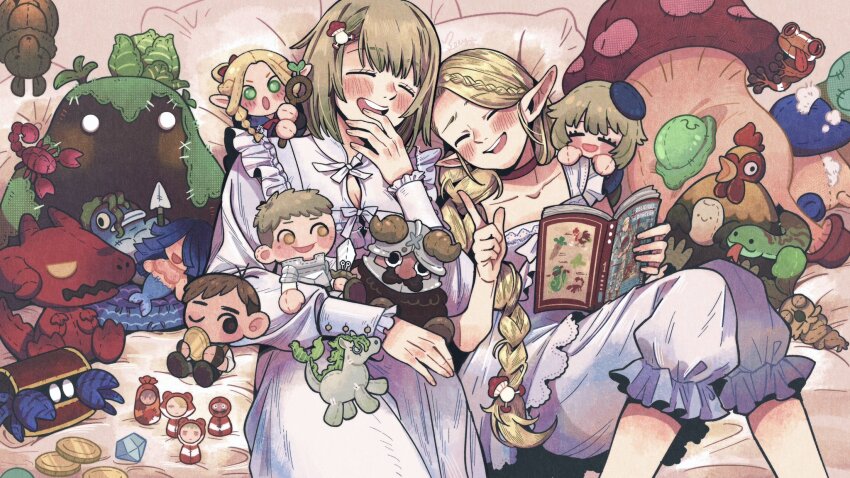 2girls abingbeey basilisk bat_(animal) blonde_hair blush braid chilchuck_tims choker closed_eyes dragon dungeon_meshi egg elf falin_touden falin_touden_(tallman) frog golem hair_ornament hairpin hermit_crab highres kelpie kensuke_(dungeon_meshi) laios_touden laughing long_hair lying mandrake manga_(object) marcille_donato mermaid merman mimic mimic_chest monster_boy monster_girl multiple_girls nightgown on_back on_bed pointy_ears polearm reading red_choker scorpion senshi_(dungeon_meshi) short_hair single_braid slime_(creature) spear stuffed_animal stuffed_toy walking_mushroom_(dungeon_meshi) weapon white_nightgown