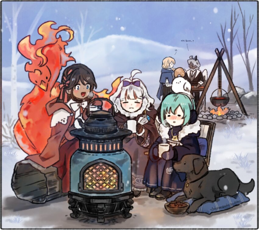 2girls ahoge asha_in_erinn bird brown_hair campfire cowenna cup dog eochaid_(mabinogi) green_hair grey_hair highres holding holding_cup long_coat mabinogi multiple_girls outdoors phoenix rowan_(mabinogi) winter winter_clothes