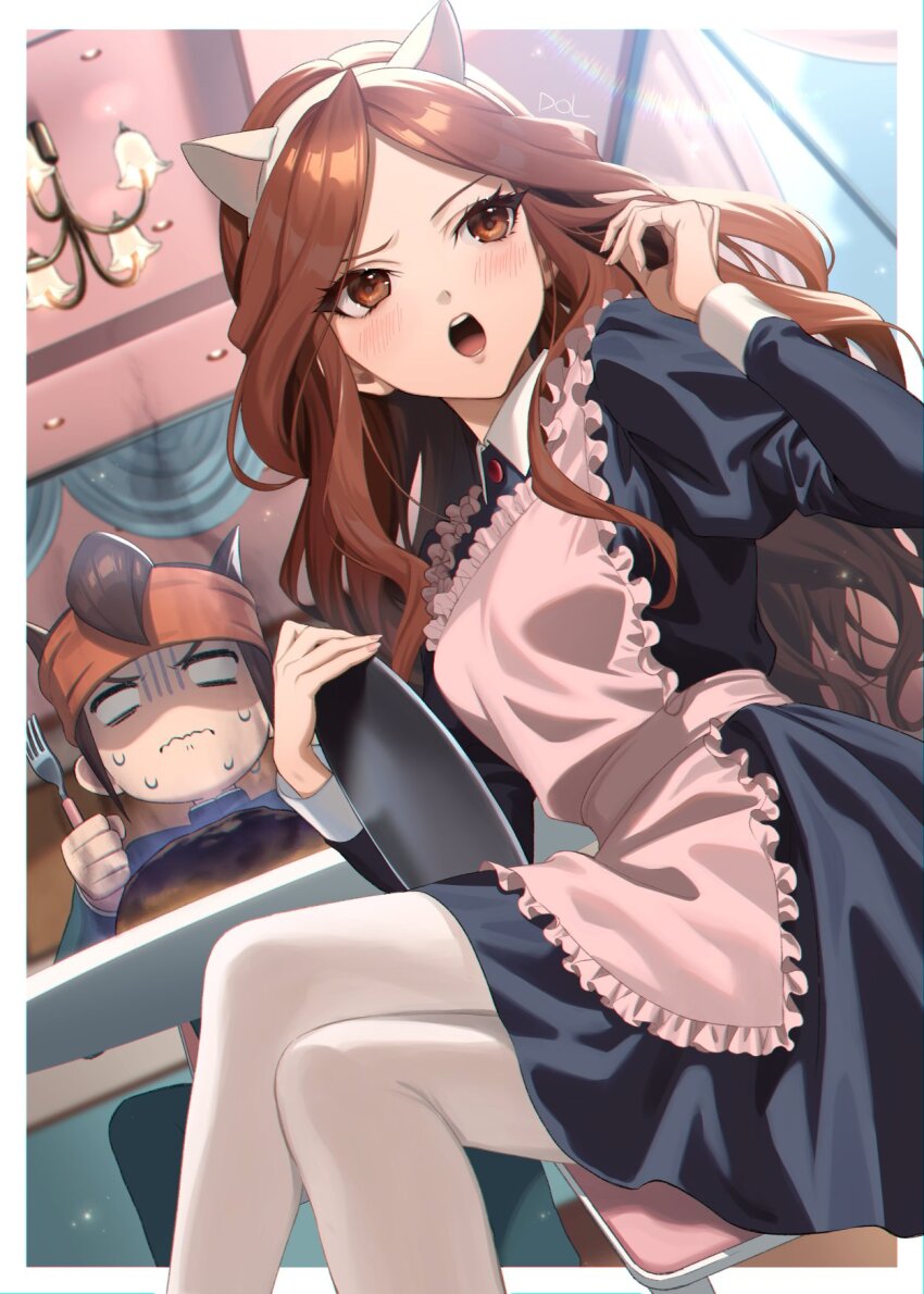 1boy 1girl apron black_dress blush brown_eyes brown_hair chandelier dolustoy dress endou_mamoru fork headband highres holding holding_fork holding_tray inazuma_eleven_(series) open_mouth orange_headband pink_apron raimon raimon_natsumi raimon_school_uniform school_uniform sitting sweatdrop thighhighs tray white_thighhighs