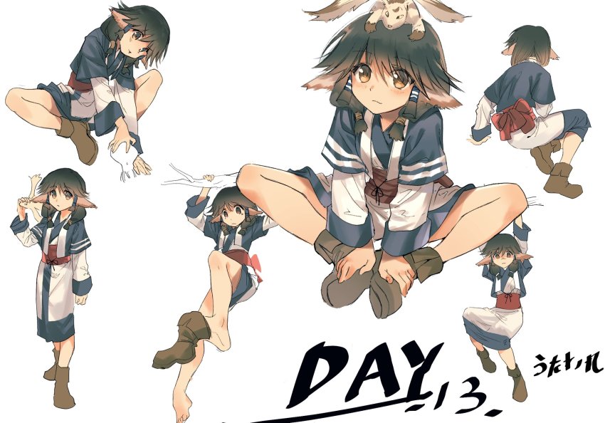 1girl ainu_clothes animal animal_ears aquaplus aruruu bare_legs barefoot bcm black_hair blush boots branch breasts brown_eyes closed_mouth unworn_clothes dress feet from_behind full_body gachatara hair_between_eyes hanging highres layered_sleeves long_sleeves looking_at_viewer low_twintails multiple_views red_sash sash sidelocks sitting small_breasts standing toes twintails utawarerumono wavy_mouth