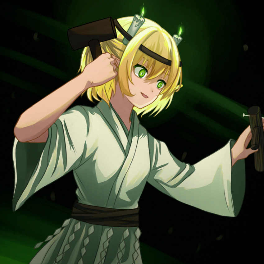 1girl blonde_hair breasts brown_sash candle chunjiu commentary_request cowboy_shot dutch_angle fire green_eyes green_fire hair_between_eyes half_updo hashihime highres holding holding_mallet japanese_clothes kimono mallet mizuhashi_parsee nail_(hardware) open_mouth pointy_ears shide short_hair short_sleeves small_breasts smile solo straw_doll touhou ushi_no_koku_mairi white_kimono
