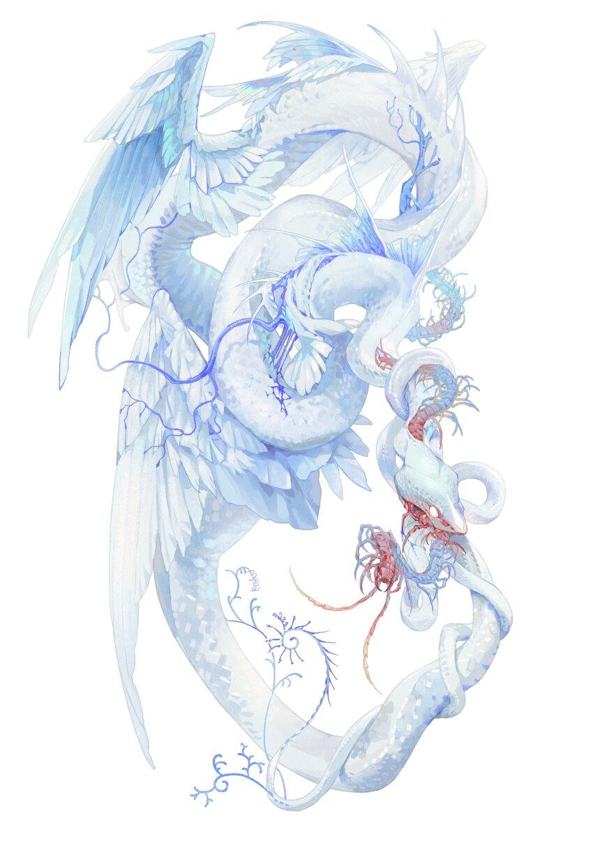 absurdres animal_focus blank_eyes bug centipede deepsea9013 entangled feathered_wings fins full_body highres monster multiple_wings no_humans original simple_background snake white_background white_snake wings