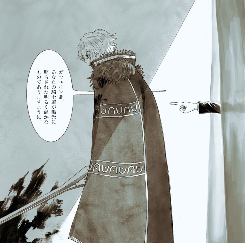 1boy 1other cape cheeeeese0619 commentary_request curtains fate/grand_order fate_(series) from_side fur-trimmed_cape fur_trim gawain_(fate) highres holding holding_sword holding_weapon limited_palette pointing sword translation_request weapon