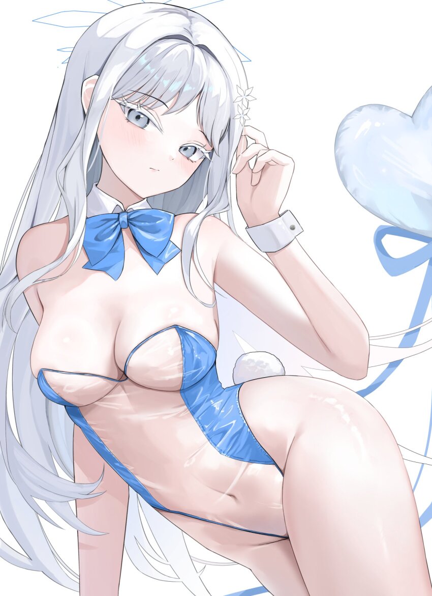 1girl alternate_costume balloon blue_archive blue_bow blue_bowtie bow bowtie breasts cleavage covered_navel detached_collar grey_eyes groin hair_intakes hair_ornament halo head_tilt heart_balloon highres leotard long_hair medium_breasts nagusa_(blue_archive) pantyhose playboy_bunny rabbit_tail see-through_clothes see-through_leotard shawn358 sidelocks simple_background snowflake_hair_ornament solo tail white_background white_hair white_halo white_pantyhose wrist_cuffs