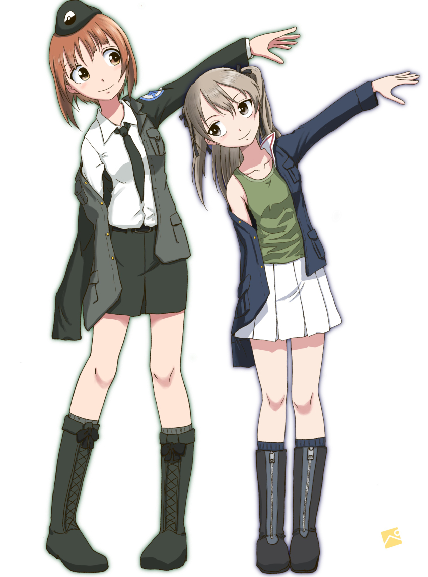 2girls absurdres arm_up artist_logo beret black_footwear black_headwear black_jacket black_necktie black_ribbon black_skirt black_socks blue_jacket boots brown_eyes brown_hair closed_mouth commentary cosplay costume_switch dress_shirt emblem girls_und_panzer green_shirt hair_ribbon hat highres jacket japanese_tankery_league_(emblem) kainushi lace-up_boots leaning_to_the_side light_brown_hair logo long_hair long_sleeves looking_at_another military_hat military_uniform miniskirt multiple_girls necktie nishizumi_miho off_shoulder one_side_up ooarai_military_uniform open_clothes open_jacket pencil_skirt pleated_skirt ribbon selection_university_(emblem) selection_university_military_uniform shimada_arisu shirt short_hair side-by-side simple_background skirt smile socks standing tank_top white_background white_shirt white_skirt zipper