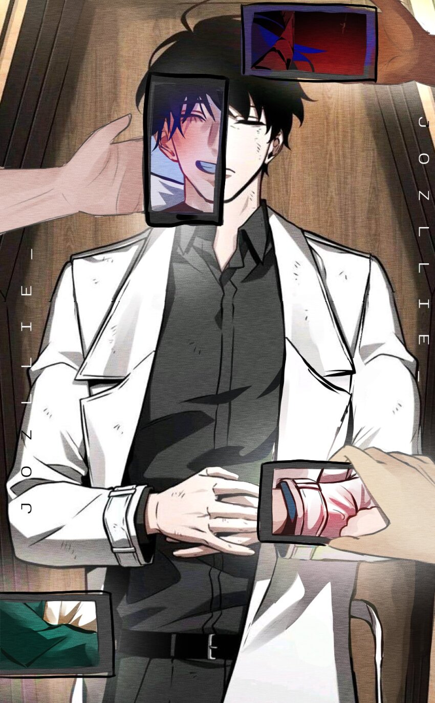 belt black_hair black_shirt closed_eyes coat coffin collared_shirt cowboy_shot demon_horns facing_viewer hands_on_own_stomach highres holding holding_own_hand holding_phone horns jozllie kim_dokja lying omniscient_reader&#039;s_viewpoint on_back open_mouth out_of_frame phone revealing_layer scratches shirt short_hair too_many_hands white_coat