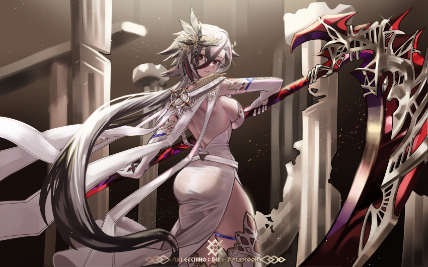 1girl absurdres alternate_costume arlecchino_(genshin_impact) ass back backless_dress backless_outfit black_eyes black_hair breasts dress genshin_impact hair_between_eyes highres holding holding_scythe large_breasts long_hair long_sleeves looking_at_viewer looking_back multicolored_hair red_eyes red_pupils scythe short_hair sideboob solo streaked_hair symbol-shaped_pupils two-tone_hair walnut_1477 white_dress white_hair x-shaped_pupils