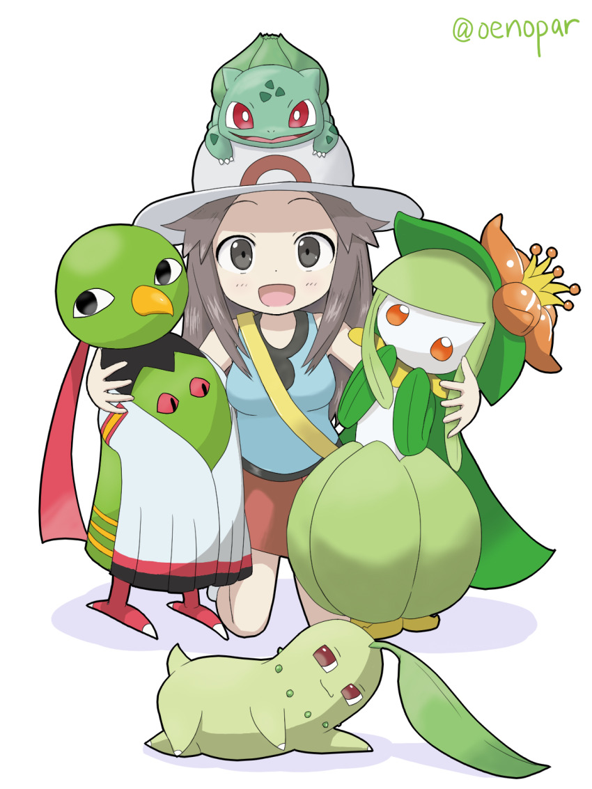 1girl animal animal_on_head blue_shirt brown_eyes brown_hair bulbasaur chikorita dot_nose gen_1_pokemon gen_2_pokemon gen_5_pokemon highres kneeling leaf_(pokemon) lilligant nintendo oenopar on_head open_mouth pokemon pokemon_frlg red_skirt shirt simple_background skirt twitter_username white_background white_headwear xatu