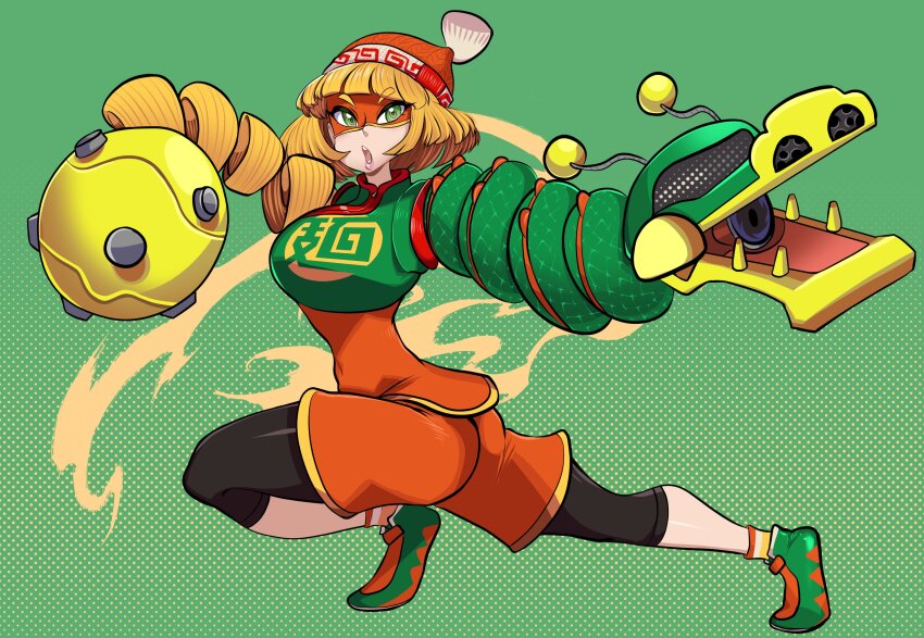 1girl @_@ absurdres armor arms_(game) beanie blonde_hair blunt_bangs dragon_(arms) full_body green_background green_eyes hat highres leggings looking_at_viewer mask megawatt_(arms) min_min_(arms) missandydandy nintendo open_mouth pink_lips short_hair shorts solo twisted_torso
