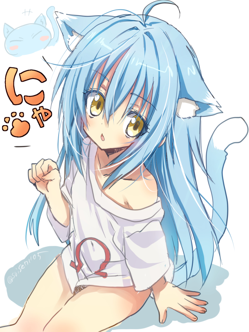 2others ahoge akatsuki_(ggsy7885) animal_ear_fluff animal_ears arm_support blue_hair cat_ears cat_girl cat_tail collarbone commentary_request cowboy_shot hair_between_eyes hand_up highres long_hair looking_at_viewer multiple_others off_shoulder omega_symbol rimuru_tempest rimuru_tempest_(slime) shirt short_sleeves sitting slime_(creature) solo_focus tail tensei_shitara_slime_datta_ken translation_request twitter_username white_shirt yellow_eyes