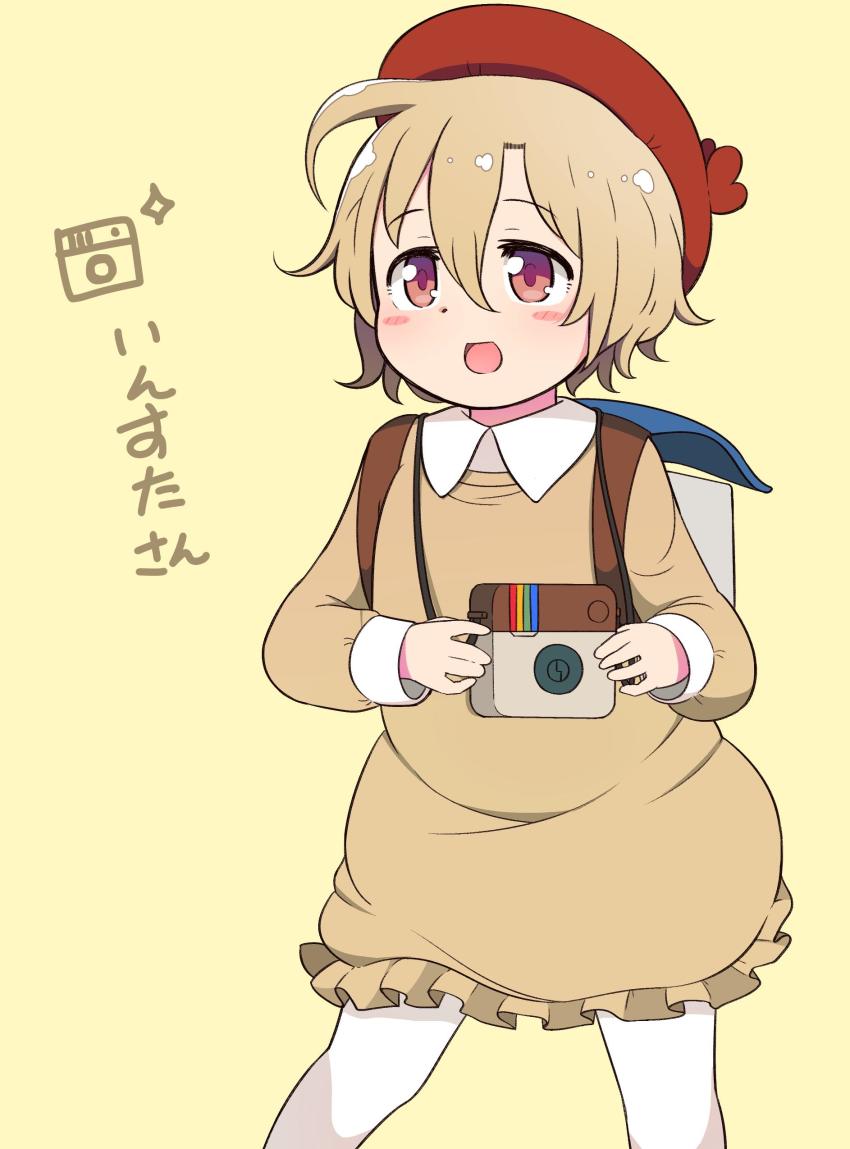 1girl :d absurdres ahoge backpack bag beret blush_stickers brown_dress camera character_name commentary_request dress female_focus frilled_dress frills hair_between_eyes hat highres holding holding_camera instagram instagram-san light_brown_hair long_sleeves open_mouth pantyhose personification randoseru red_eyes red_hat short_hair simple_background smile solo sparkle tsukigi twitter-san_(tsukigi) white_pantyhose yellow_background