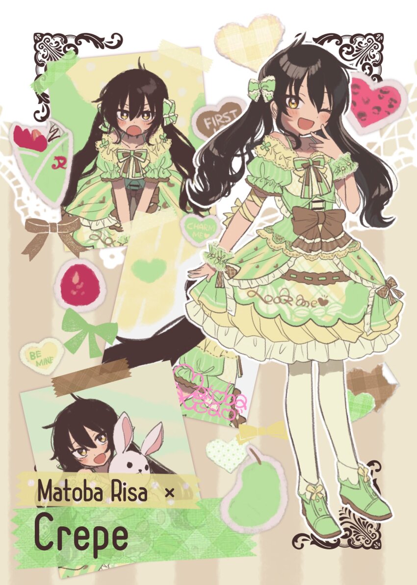 1girl ahoge bare_shoulders black_hair blush character_name crepe dot_nose dress english_text food food-themed_clothes frilled_dress frills fruit green_footwear green_ribbon hair_ribbon hand_on_own_face heart highres holding holding_stuffed_toy idolmaster idolmaster_cinderella_girls leggings long_hair matoba_risa monakocoa multicolored_dress multiple_views one_eye_closed open_mouth own_hands_together pear puffy_short_sleeves puffy_sleeves rabbit ribbon ribbon_trim short_sleeves smile standing stuffed_animal stuffed_rabbit stuffed_toy tape twintails white_leggings wrist_cuffs yellow_eyes