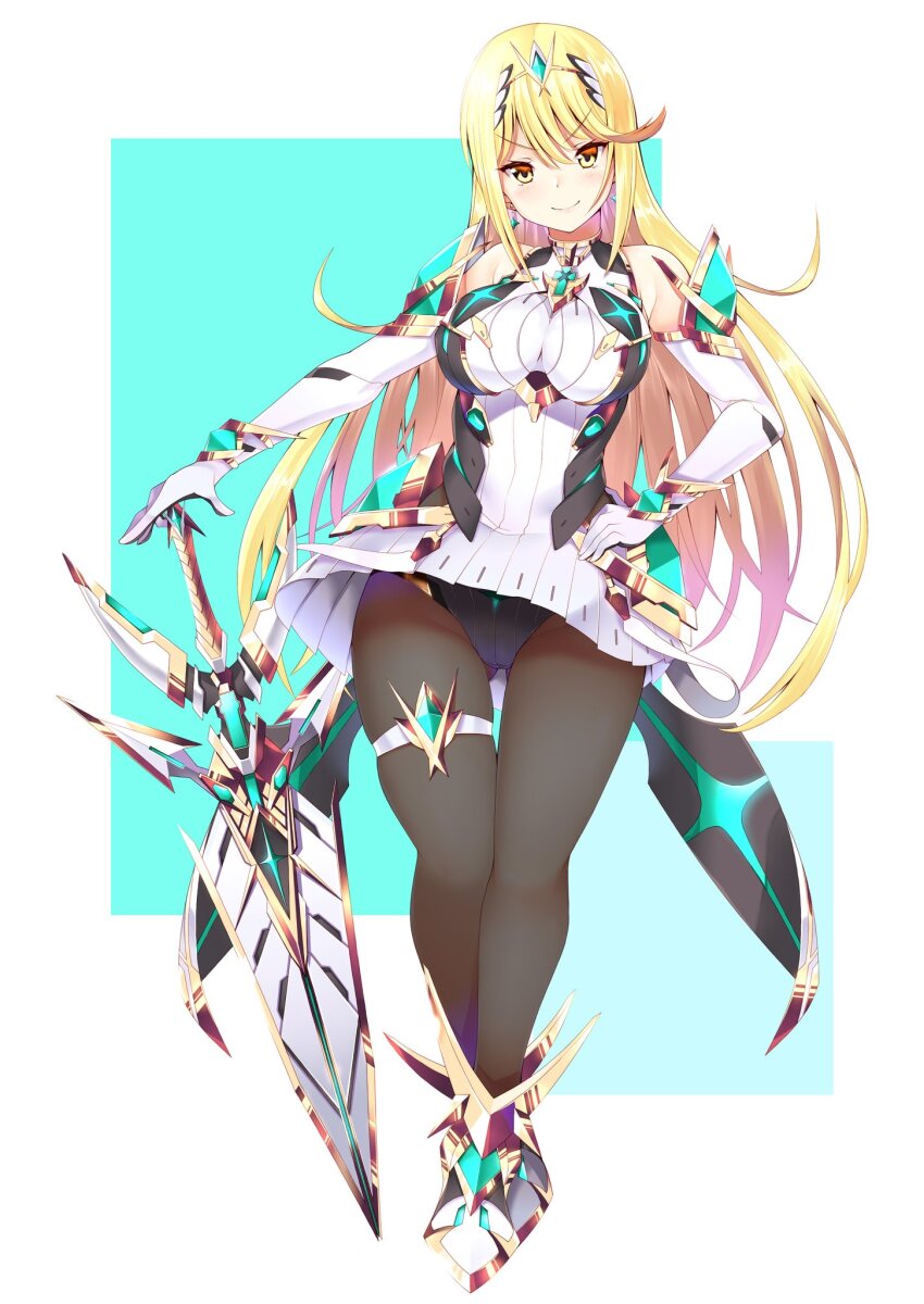 1girl aegis_sword_(xenoblade) bare_shoulders black_pantyhose blonde_hair breasts chest_jewel daive dress earrings elbow_gloves floating_earring gloves gluteal_fold hand_on_own_hip highres jewelry large_breasts long_hair microdress mythra_(massive_melee)_(xenoblade) mythra_(xenoblade) neon_trim nintendo pantyhose smile solo super_smash_bros. swept_bangs thigh_strap tiara v-shaped_eyebrows very_long_hair weapon white_dress white_gloves xenoblade_chronicles_(series) xenoblade_chronicles_2 yellow_eyes