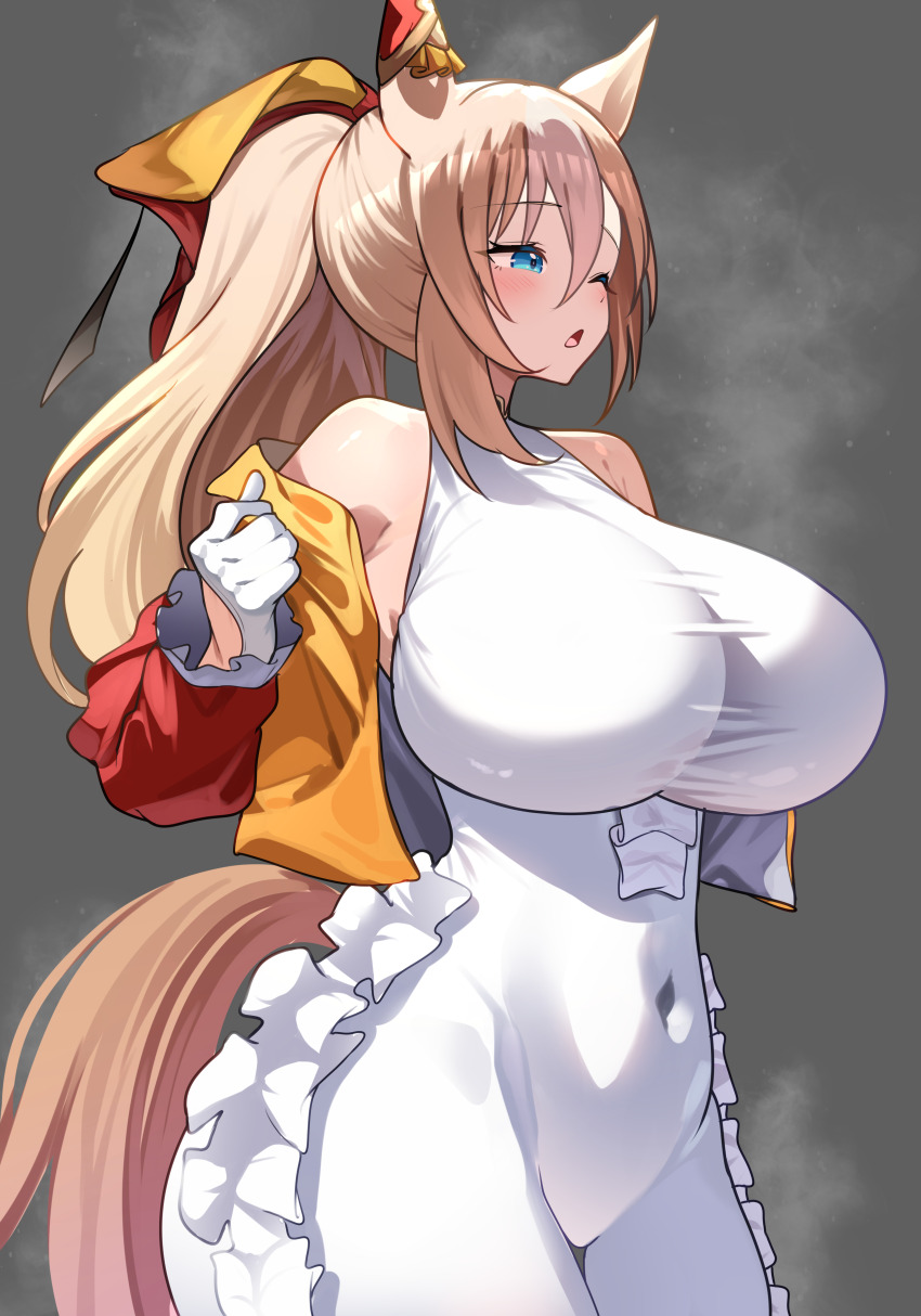 1girl absurdres alternate_breast_size blonde_hair blue_eyes bodysuit breasts commentary_request covered_navel durandal_(umamusume) gloves grey_background highres horse_girl horse_tail huge_breasts one_eye_closed open_mouth ponytail smoke_klll solo tail umamusume white_bodysuit white_gloves