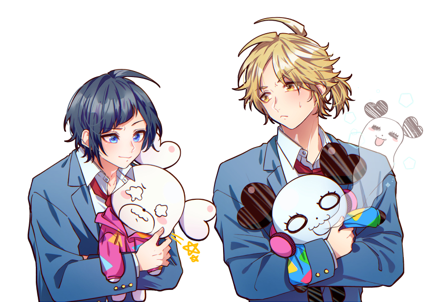 2boys absurdres blue_eyes blue_hair buttoned_cuffs buttons closed_mouth collared_shirt commentary_request drawstring giving_up_the_ghost highres holding holding_stuffed_toy honeyworks hood hood_down hoodie kokuhaku_jikkou_iinkai kumamaru_(honeyworks) long_sleeves looking_at_another looking_to_the_side loose_necktie male_focus mascot multiple_boys necktie open_collar panmy pink_hoodie ponytail print_hoodie red_necktie school_uniform shibasaki_aizou shirt short_hair short_ponytail simple_background someya_yuujirou sophia_pie_12 stuffed_animal stuffed_panda stuffed_toy sweat teddy_bear triangle_print upper_body wavy_mouth white_background white_shirt yellow_eyes