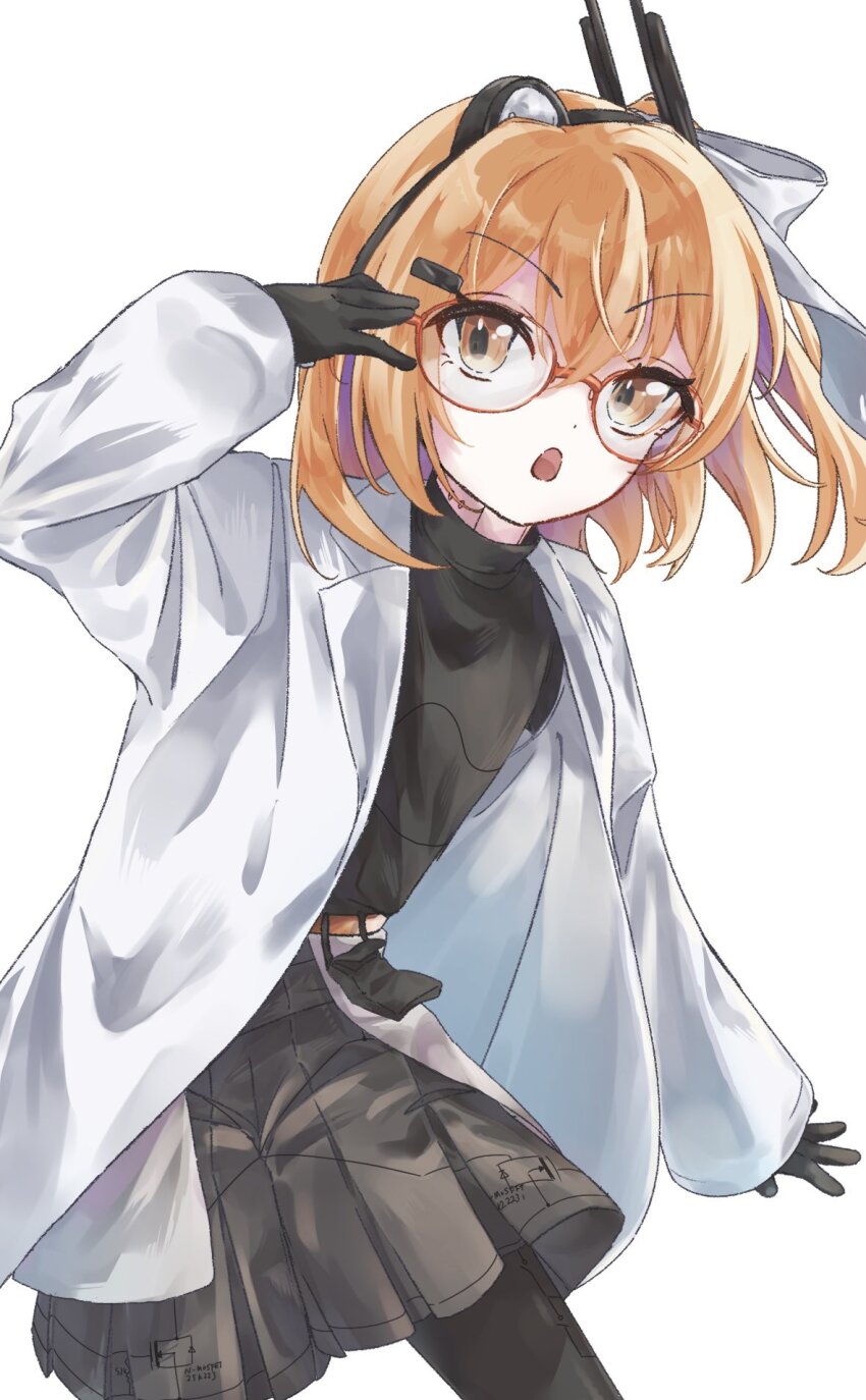 1girl a.i._voice adachi_rei adjusting_eyewear belt_pouch bespectacled black_gloves black_pantyhose black_shirt black_skirt circuit coat cowboy_shot glasses gloves hair_ribbon hamano_yui hand_up highres long_sleeves looking_at_viewer medium_hair miniskirt open_clothes open_coat open_mouth orange_eyes orange_hair pantyhose pleated_skirt pouch ribbon shirt simple_background skirt solo standing turtleneck utau white_background white_coat white_ribbon