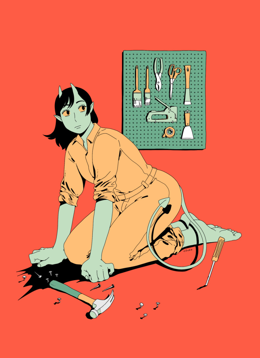 1girl barefoot black_eyes black_hair choo closed_mouth colored_sclera colored_skin commentary demon_girl demon_horns demon_tail expressionless full_body green_horns green_skin hammer highres horns jumpsuit kneeling long_hair looking_up nail_(hardware) orange_background orange_jumpsuit orange_sclera original paintbrush pliers pointy_ears scissors screwdriver simple_background sleeves_pushed_up solo tail tape tools