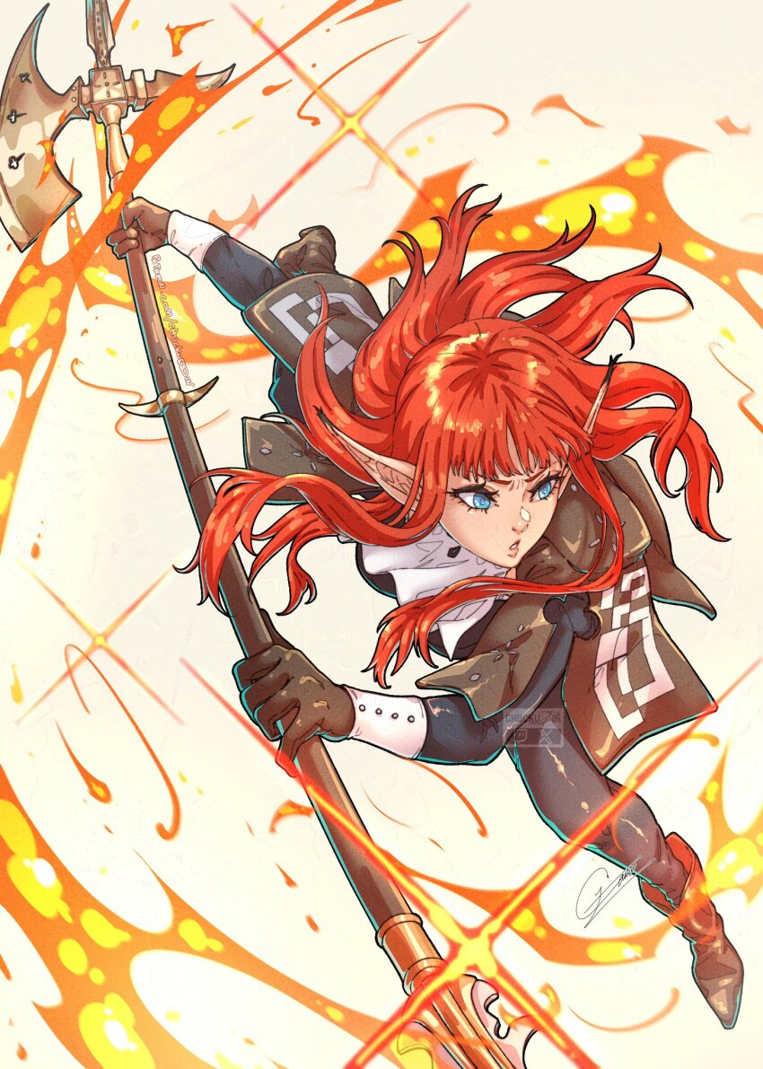 1girl :o ascot axe black_pants blue_eyes brown_gloves brown_shoes chuckuddin commentary floating_hair gloves highres holding holding_axe holding_polearm holding_weapon hulkenberg_(metaphor:_refantazio) lips long_hair metaphor:_refantazio pants pink_lips polearm red_hair sharp_teeth shoes signature simple_background solo teeth weapon white_ascot white_background